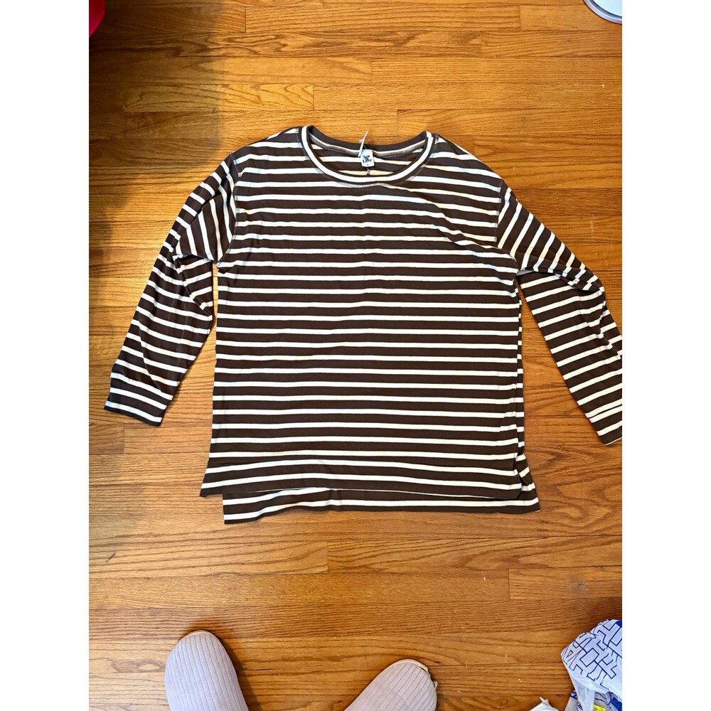 Sew Love Brown White Striped Knit Crew Neck Long Sleeve T-Shirt XL